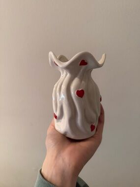 White Ceramic Vase with Red Hearts
